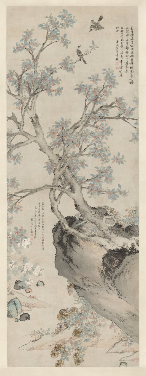 Žluté chryzantémy a červený Osmanthus ve stylu Wang Yuan od Unknown artist