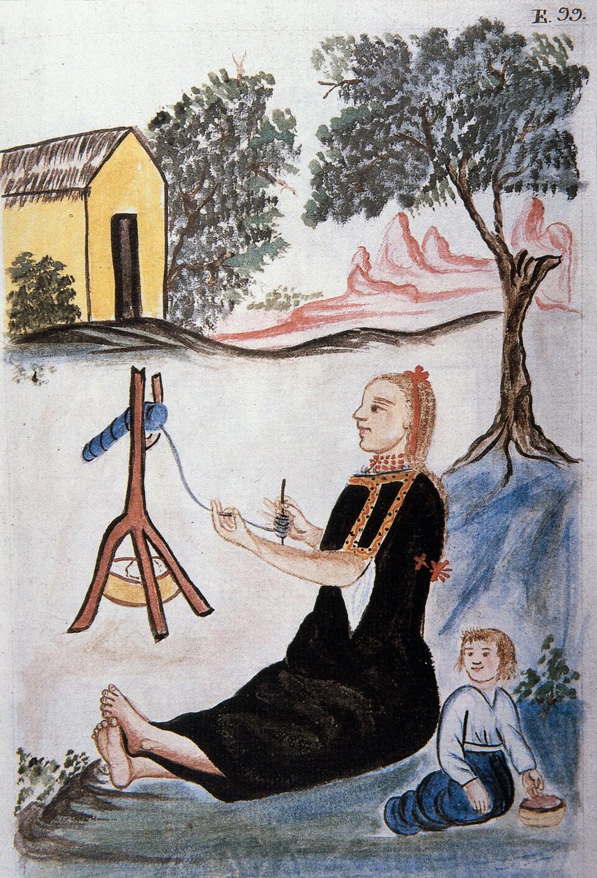 Mladá Indka spřádá vlnu, z knihy „Trujillo del Peru“ nebo „Códice Martínez Compañón“, od Baltazara Martineze Compañóna y Bujandy, biskupa z Trujillo (1782-1785) od Unknown artist