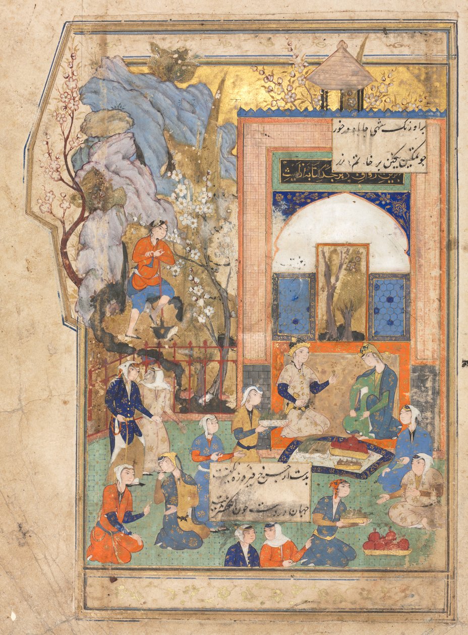 Yusuf a Zulaykha (recto); Ilustrace a text (Perské verše) v antologii s některými verši z Haft Awrang (Sedm trůnů) Jamiho; Pátý trůn od Unknown artist