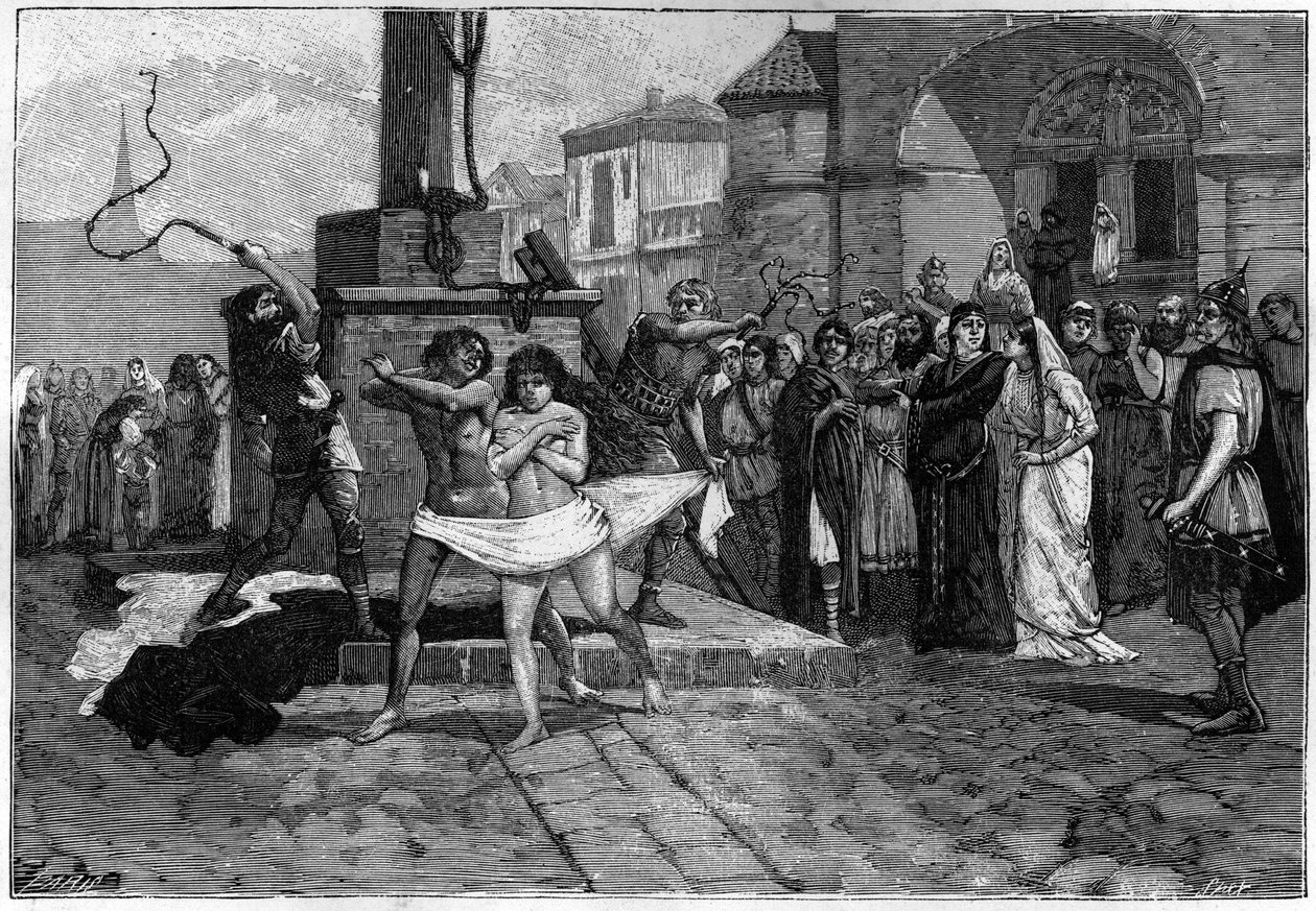 muž a žena cizoložníci jsou bičováni na veřejném náměstí ve vesnici ve Francii ve středověku. Rytina 19. století ilustrující morálku Francouzů. od Unknown artist