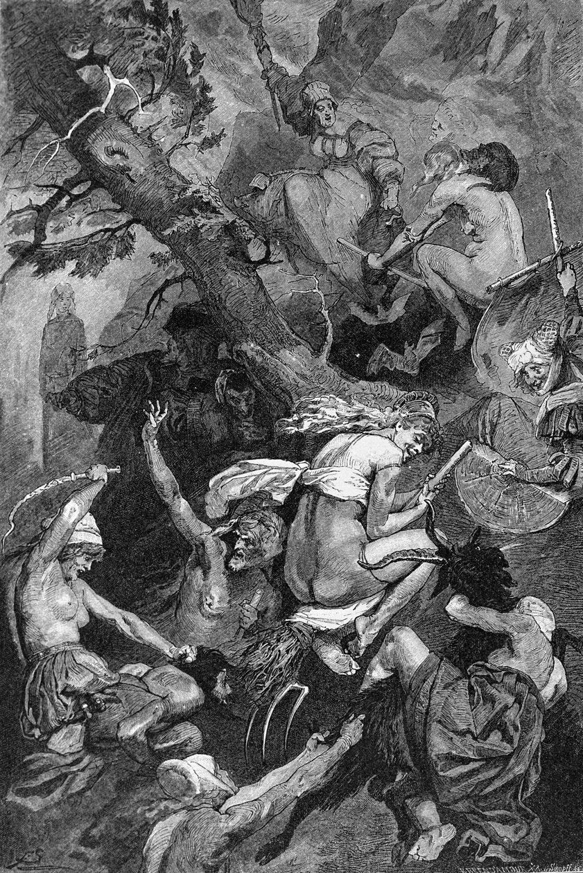 oslava Valpuržiny noci čarodějnicemi o sabatu. Rytina 19. století od Unknown artist