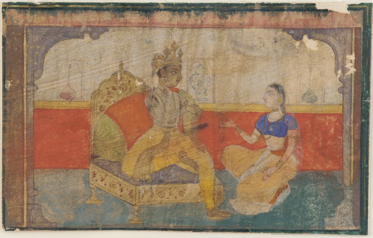 <em>Milenec (Kršna) v rozhovoru s poslem od milovaného</em> z <em> Rasikapriya </em> od Unknown artist