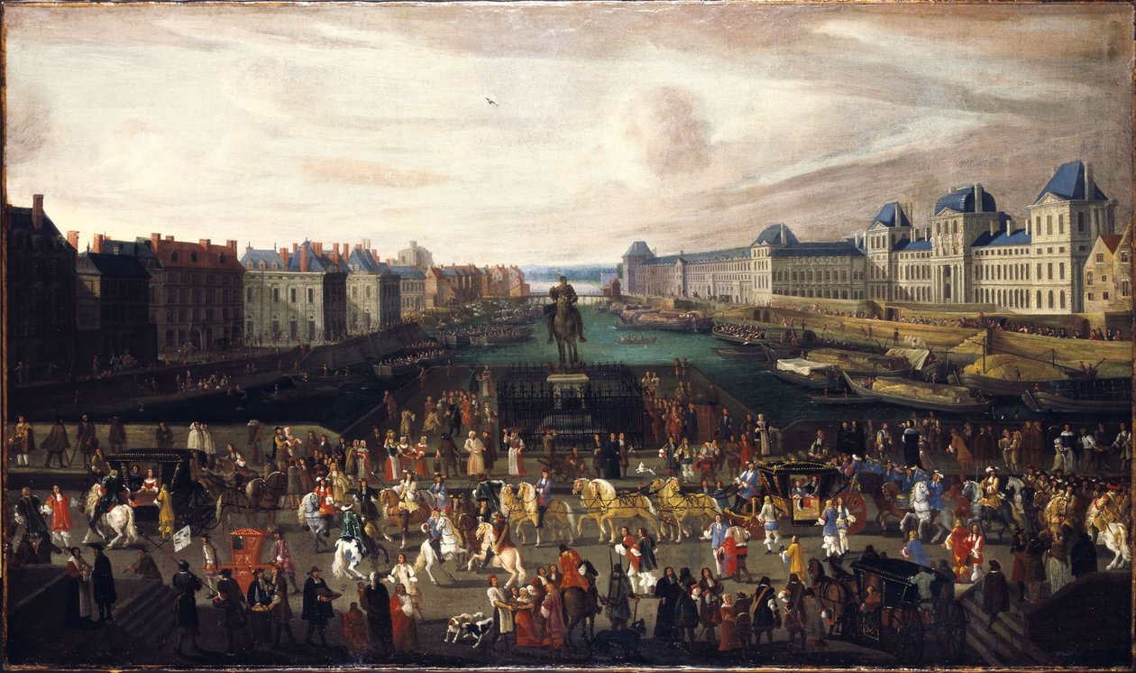 Pont-Neuf při pohledu od vchodu na náměstí Dauphine, Quai Malaquais s rozestavěnou Collège des Quatre-Nations, Velkou galerií a Louvrem, kolem roku 1665. Průchod průvodu po mostě, mezi lety 1665 a 1669 (olej na plátně) od Unknown artist