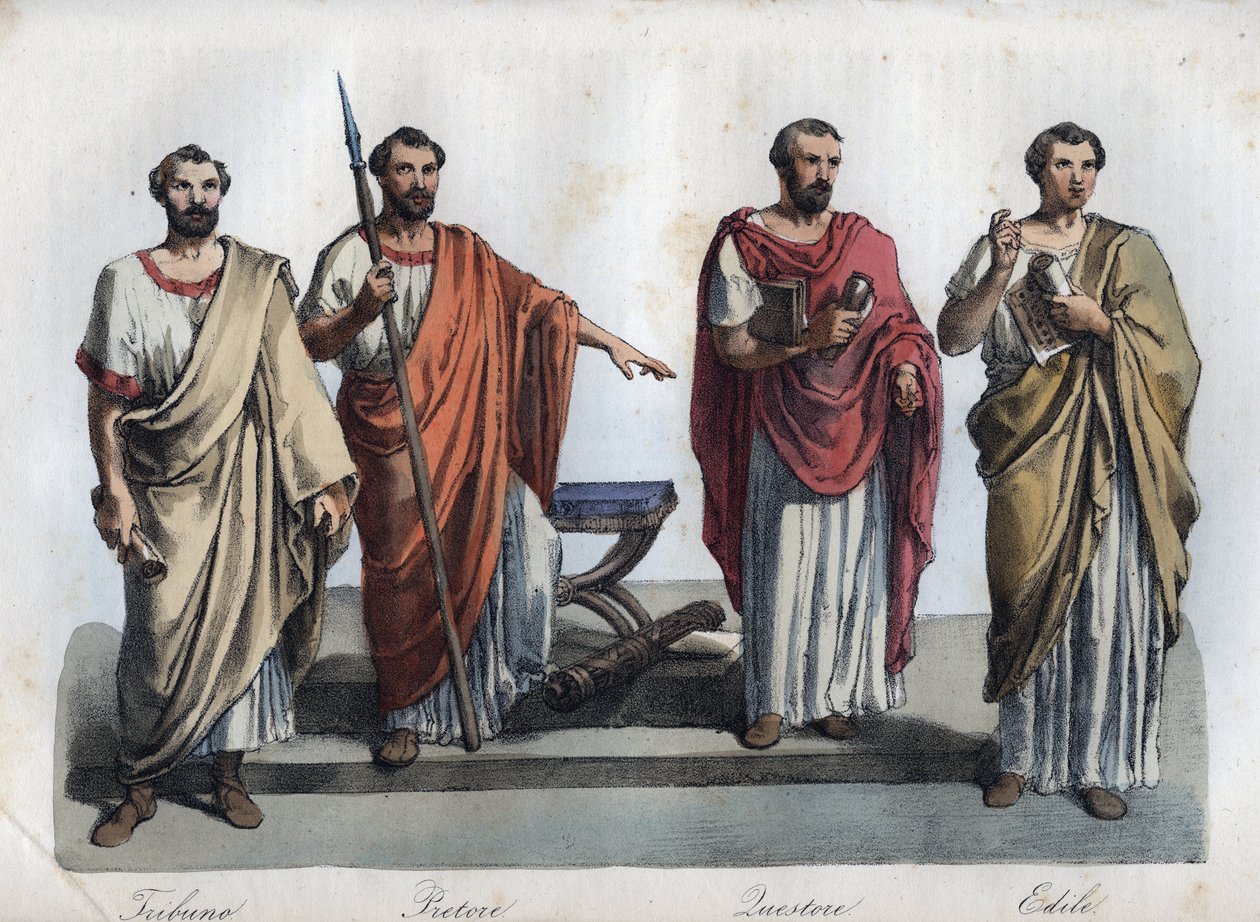 smírčí soudci starého Říma - Tribunus (Tribune) - praetor (Preteur) (magistrát) - Quaestores (kvestorové) - aediles (ediles) rytina z „“ Zvyků a obyčejů všech národů vesmíru. Nebo Dějiny vlády, zákonů, milice, krále od Unknown artist