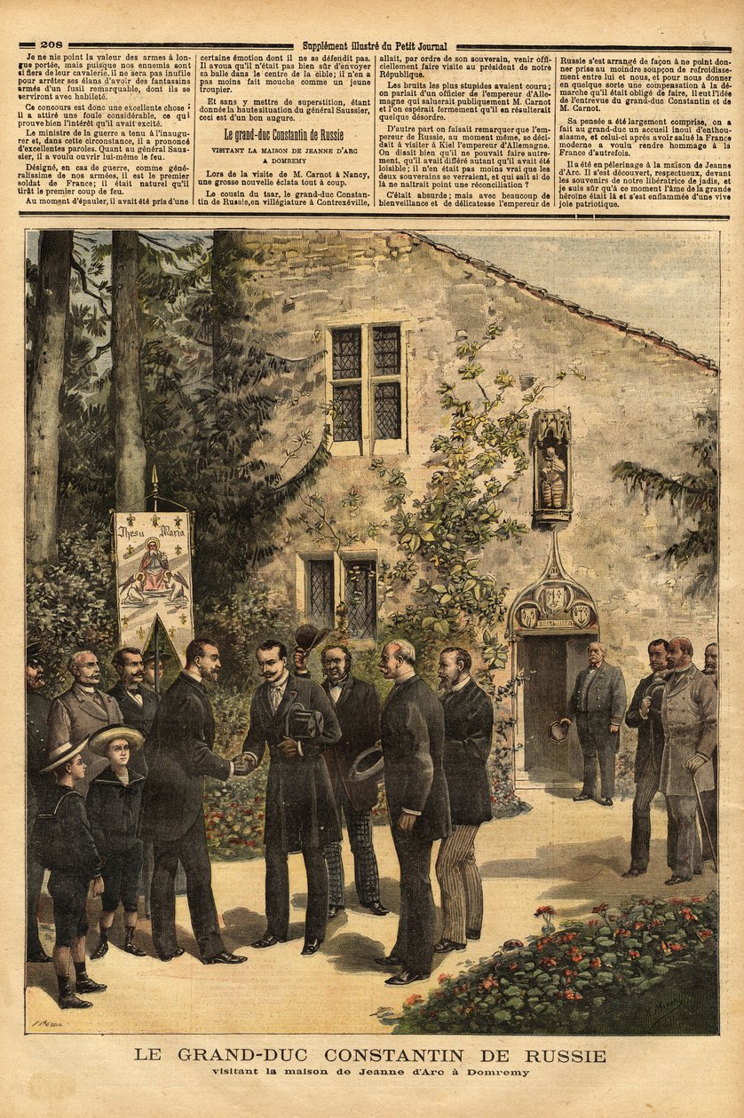 návštěva Konstantina Nikolajeviče Romanova (1827-1892), velkovévody Ruska a bratrance cara Alexandra III. (1845-1894), v domě Johanky z Arku v Domremy. Rytina v „“ Le petit journal““ 25. 6. 1892. Selva sbírka. od Unknown artist