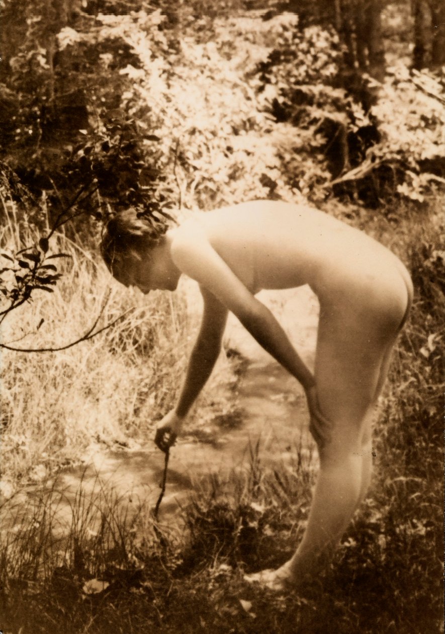Nahá mladá žena v lese, viděná z profilu, jak se sklání, aby vložila větev do potoka. od Unknown photographer