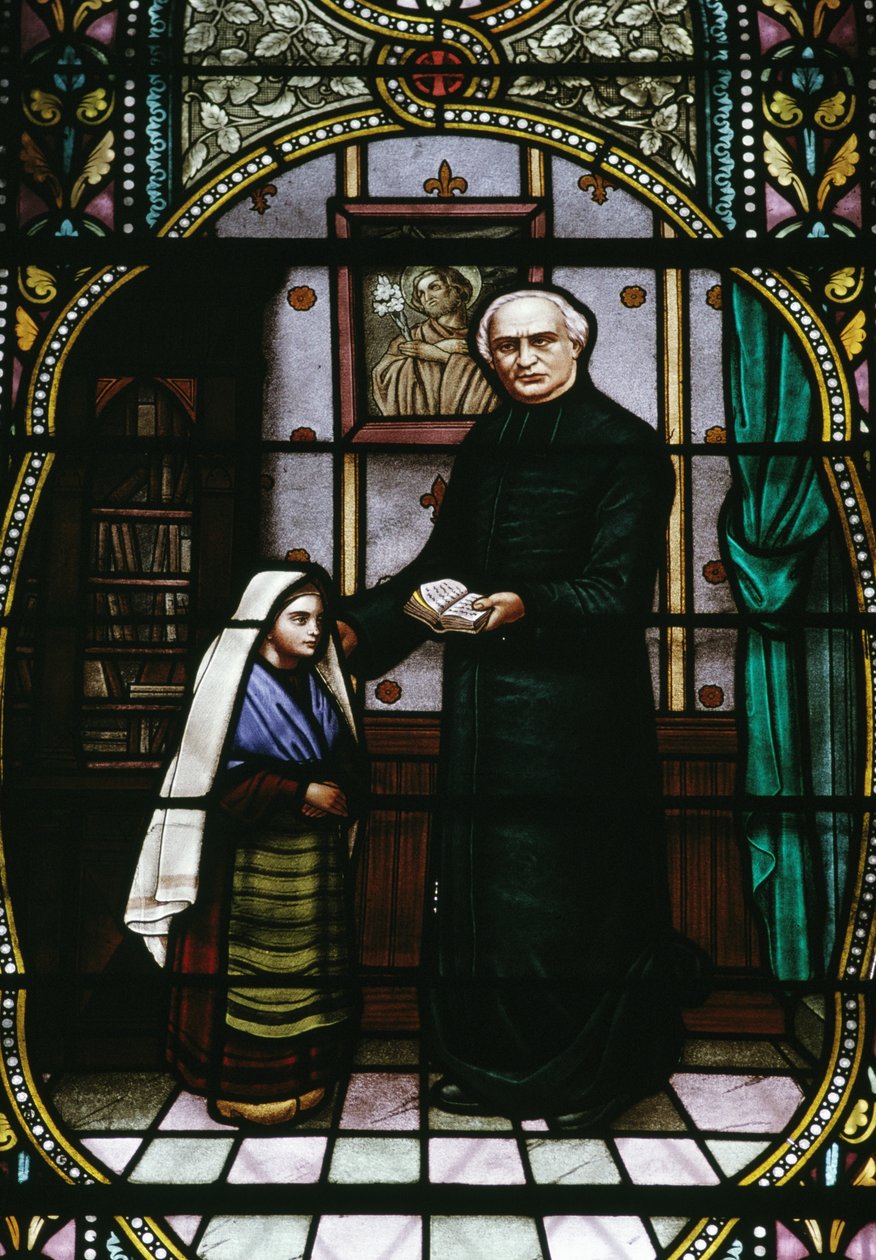 Bernadetta a abbé Peyramale, vitráž ve farním kostele v Lurdech, Languedoc-Roussillon-Midi-Pyrénées, Francie, 20. století od Unknown photographer