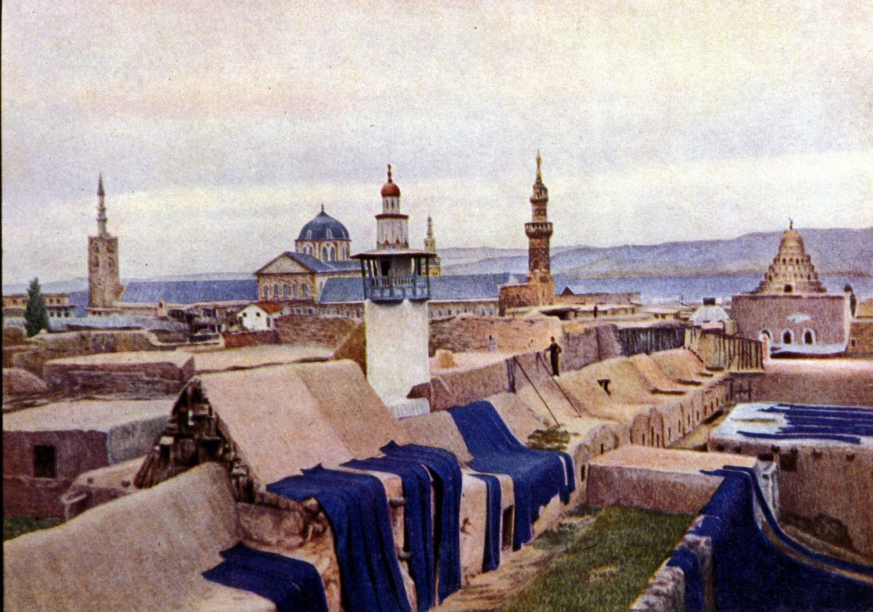 Modré bavlněné látky sušené na střechách barvířů v Damašku (Sýrie). od Unknown photographer