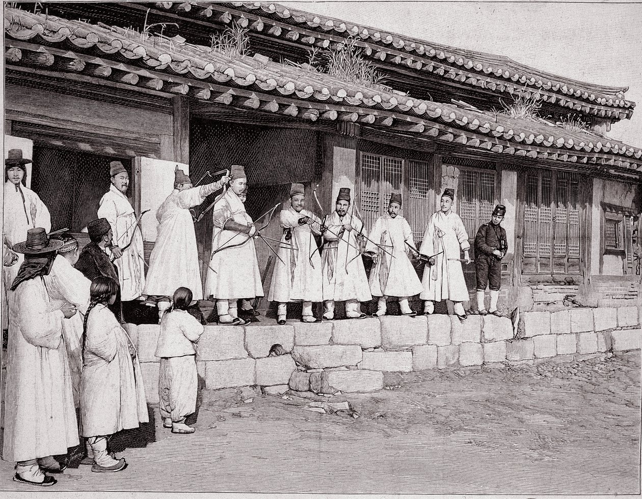 Lukostřelci ve starém paláci v Soulu, Korea, konec 19. století od Unknown photographer