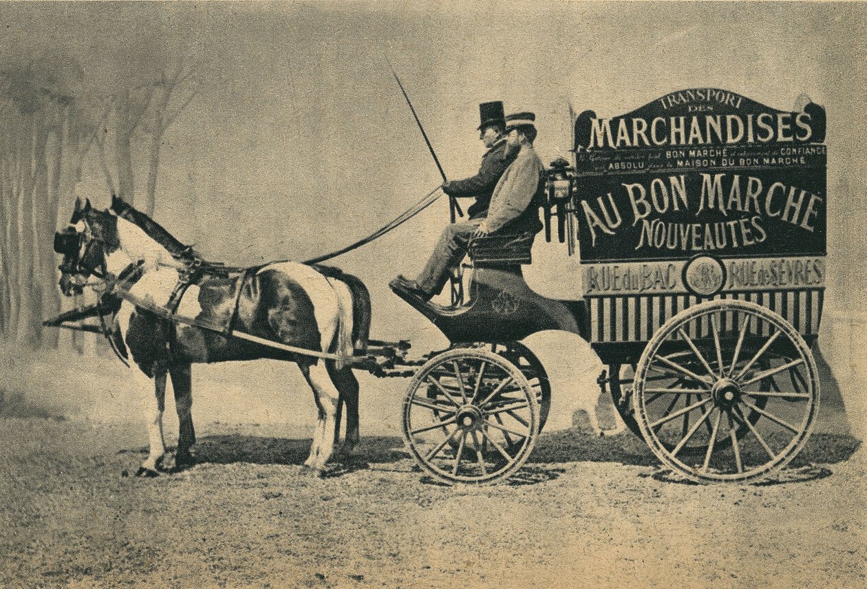Dodávkový vůz pro koně z obchodu „“Au Bon Marche“ v Paříži, rue du Bac a rue de Sevres. Fotografie, konec 19. století, Paříž. Coll. Selva. od Unknown photographer