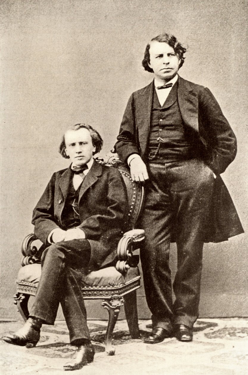 Johannes Brahms (1833-1897), německý hudební skladatel, sedí s Josefem Joachimem (1831-1907), maďarským houslistou a skladatelem, ředitelem berlínské konzervatoře. Polotón z fotografie (tisk) od Unknown photographer