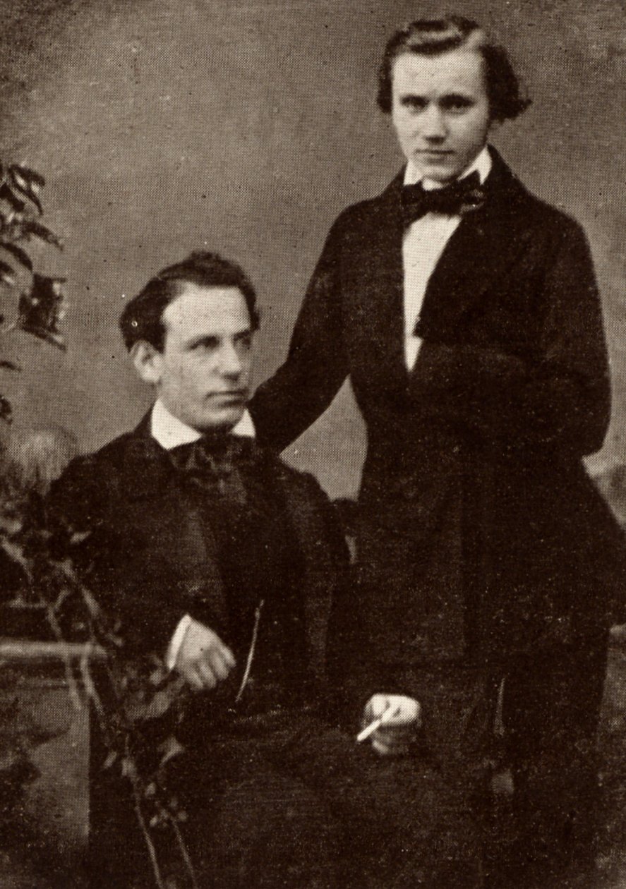 Johannes Brahms (1833-1897), německý hudební skladatel, stojící, s uprchlým maďarským houslistou Eduardem Remenyim (1828-1898), s nímž absolvoval turné (polotón z fotografie) od Unknown photographer