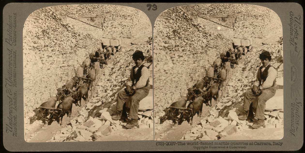 Portrét chlapce ve slavných mramorových lomech v Carraře; Stereoskopická fotografie (černobílá fotografie) od Unknown photographer