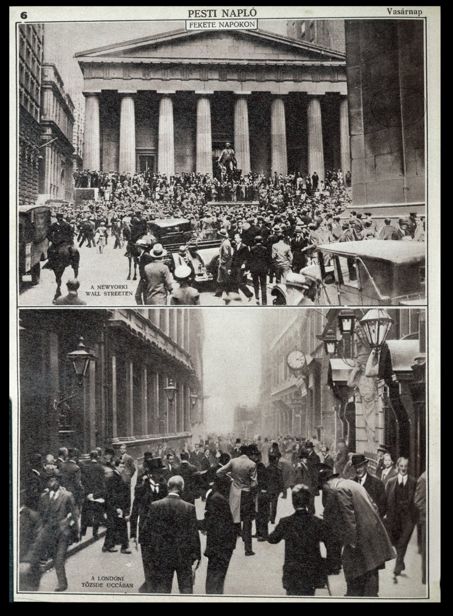 Nahoře: Černé dny na Wall Street; dole: burza v Londýně v době krachu v roce 1929, z filmu "Pesti Naplo". od Unknown photographer