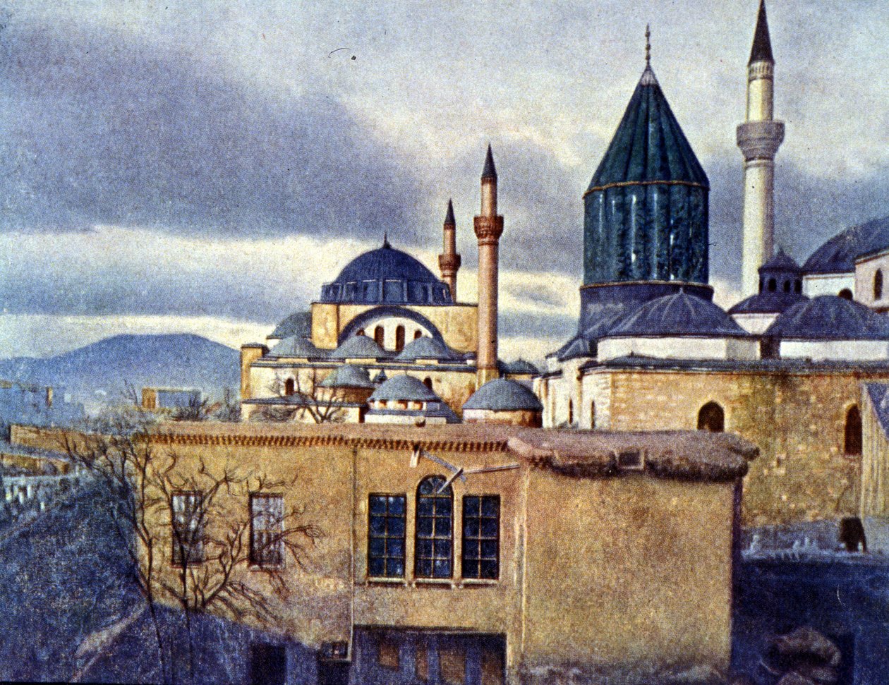 Pohled na mauzoleum Mevlana v Konya (Turecko). Mevlana Celaleddin Rumi je zakladatelem Řádu soustružnických dervišů. Autochrom od Unknown photographer