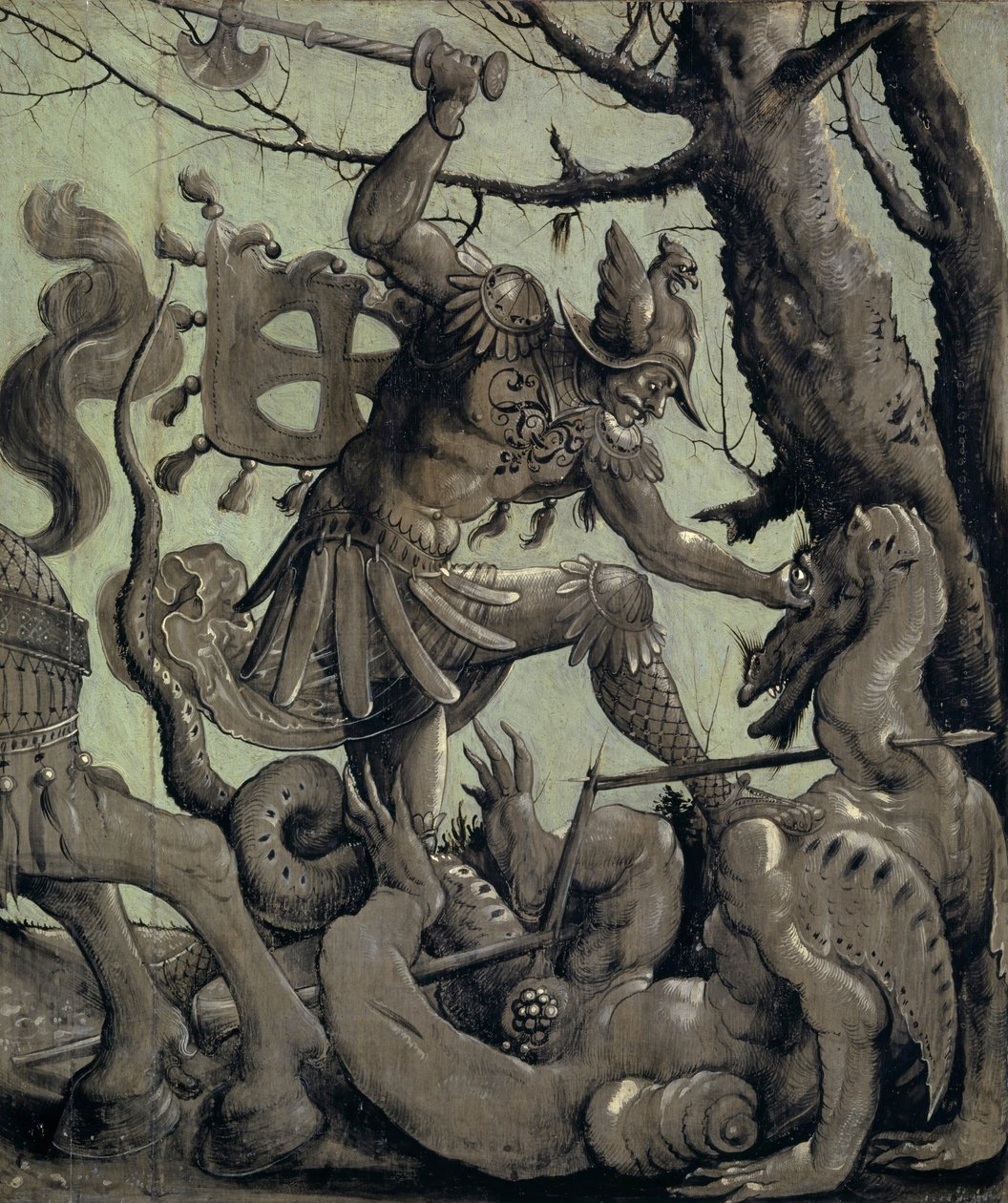 Saint George Fighting the Dragon, cca 1520 (tempera na lipovém dřevě) od Urs Graf