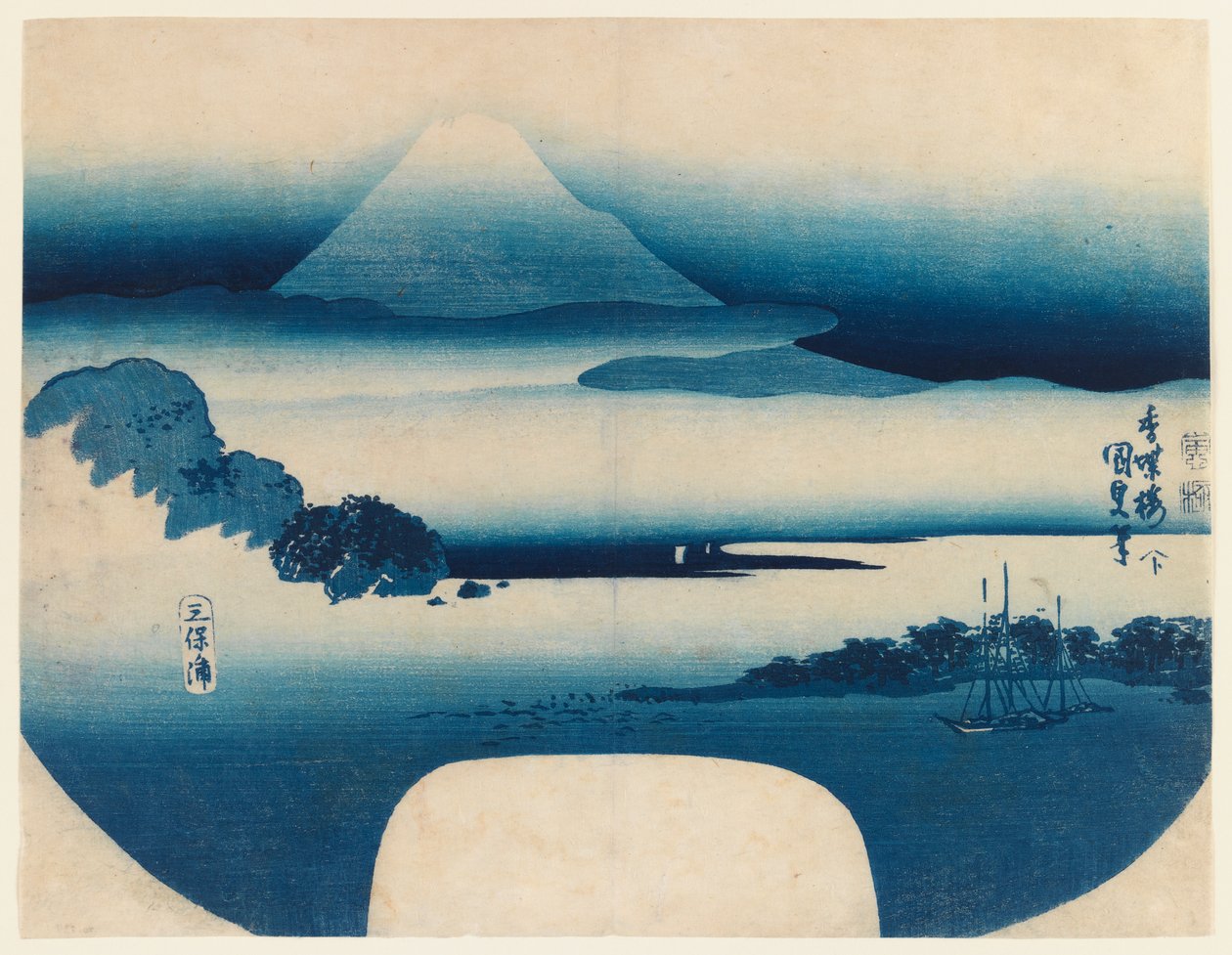 Pohled na Fuji z Miho Bay, květen 1830 (barevný dřevořez) od Utagawa 1786 1864 Kunisada