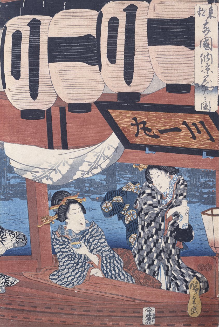 Užívání si ohňostroje a pohody večera na mostě Ryogoku ve východním hlavním městě od Utagawa Hiroshige