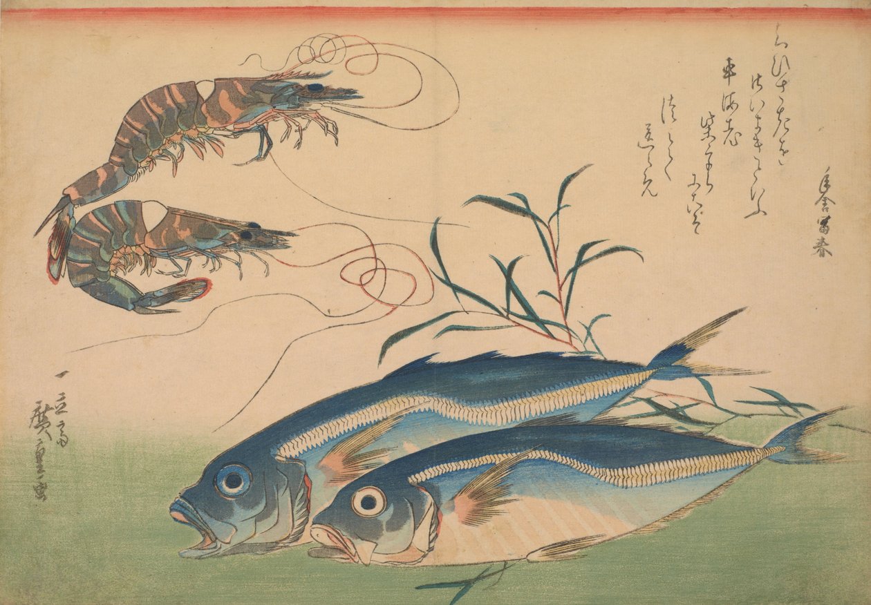 Koňská makrela (Aji) s krevetami nebo krevetou, s nápisem od Utagawa Hiroshige