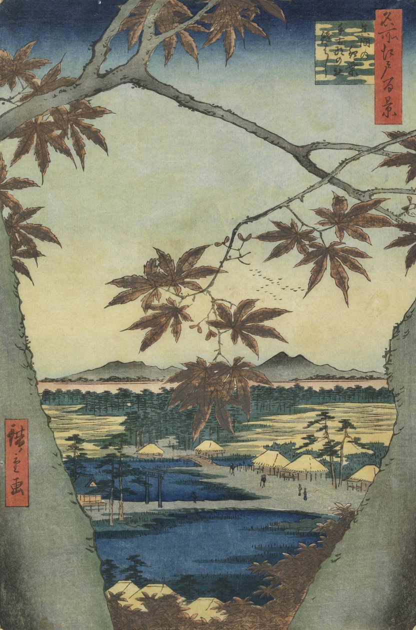 Javorové listy Mama, svatyně Tekona a most Tsugi od Utagawa Hiroshige
