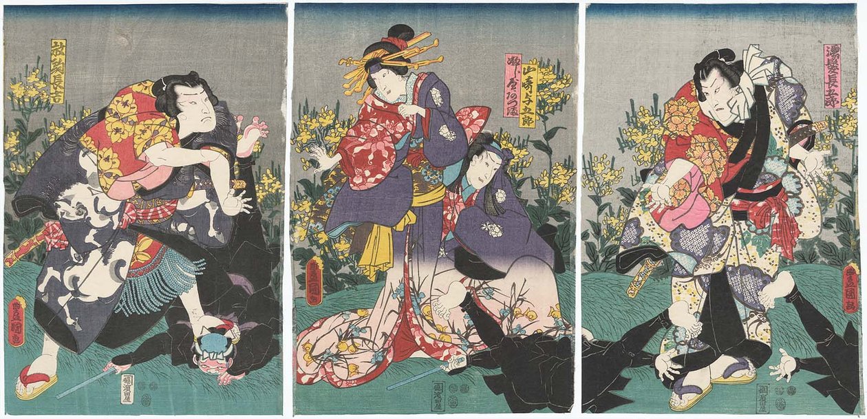 Herci Ichikawa Danjuro VIII jako Nuregami Chogoro R, Ichikawa Saruzo I jako Yamasaki Yogoro, Iwai Kumesaburo III jako Azuma z Fujiya C a Arashi Rikan III jako Hanaregoma Chokichi L od Utagawa Kunisada