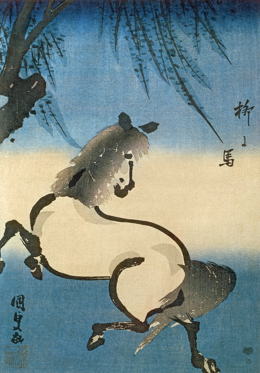 Kůň cválající pod vrbou, (barevný dřevořez) od Utagawa Kunisada