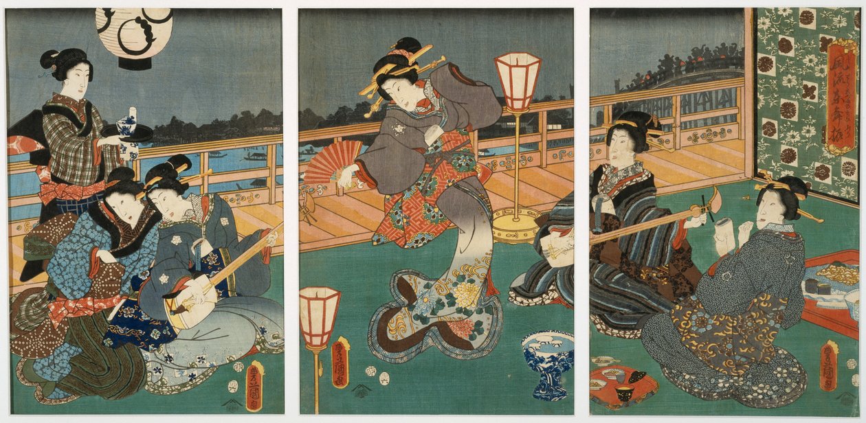 Zábavné kurtizány, triptych, polovina 19. století (dřevořez na moruše) od Utagawa Kunisada