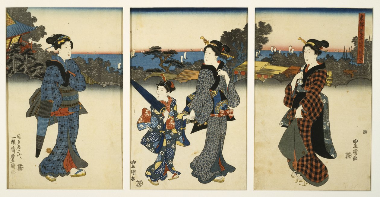 Kurtizány Promenade u moře, polovina 19. století (dřevotisk, triptych) od Utagawa Kunisada