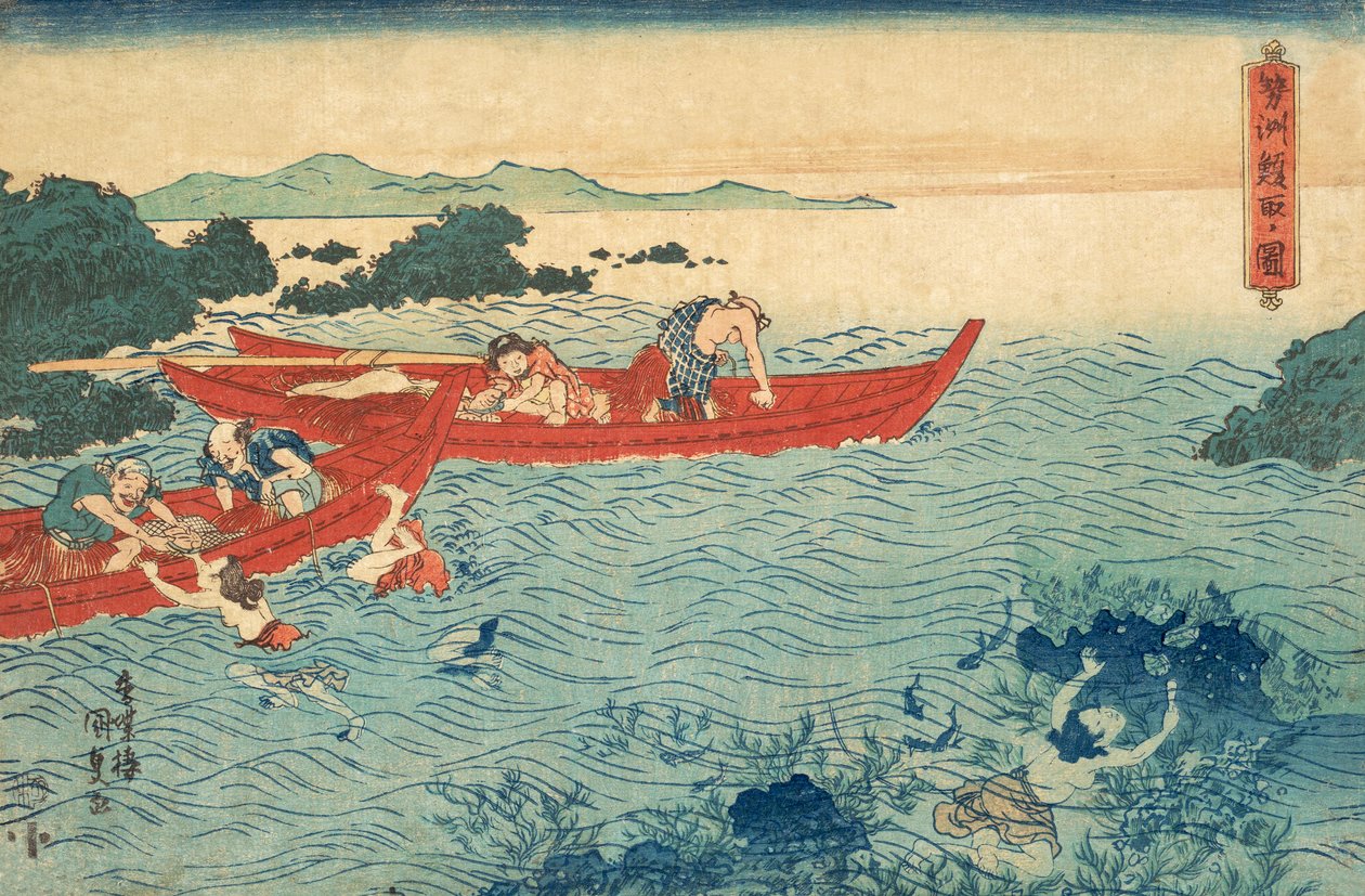 Rybolov na Abalone, pub.1840 od Utagawa Kunisada