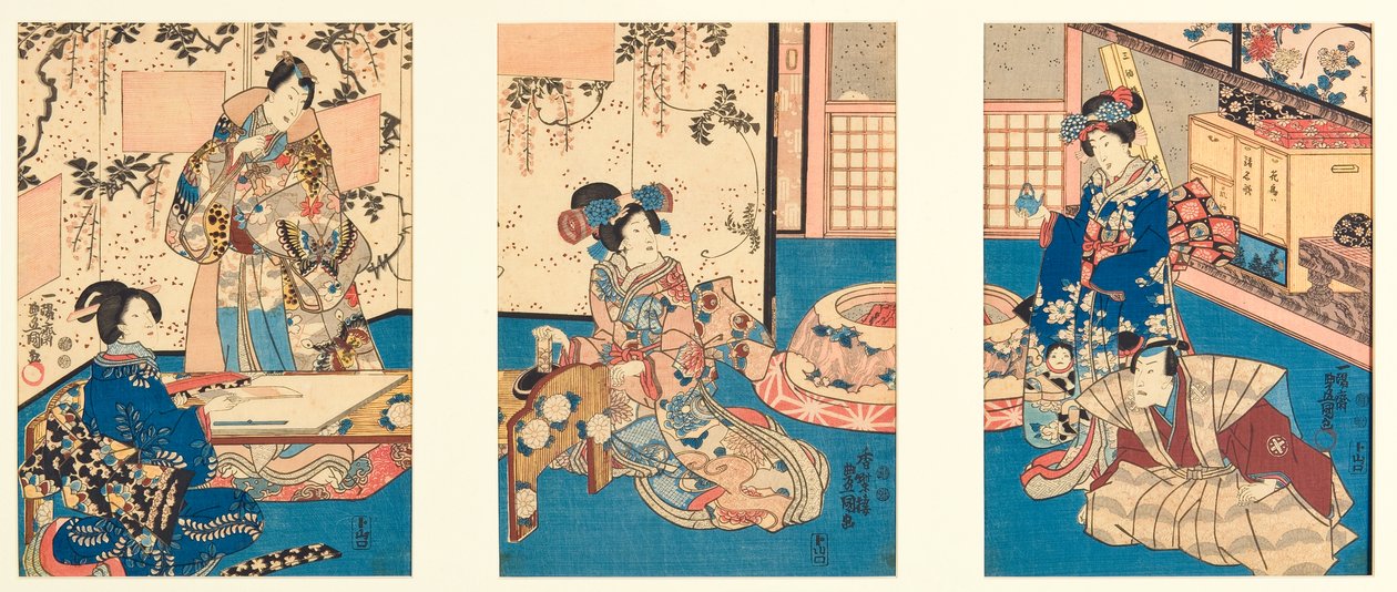 Brusný inkoust pro psaní dopisu s odpovědí, inspirovaný knihou Inaka Genji, 1851 (woodblock) od Utagawa Kunisada
