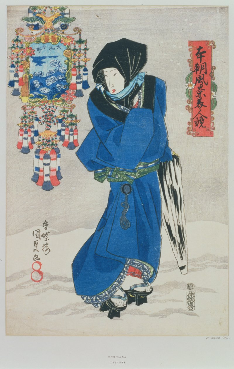 Japonka ve sněhu (barevný dřevořez) od Utagawa Kunisada