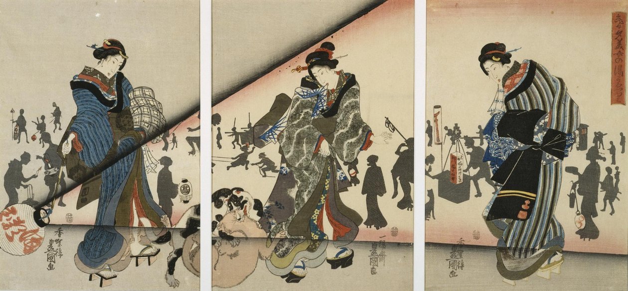 Noční scéna s dívkami, zvířaty a lampiony od Utagawa Kunisada