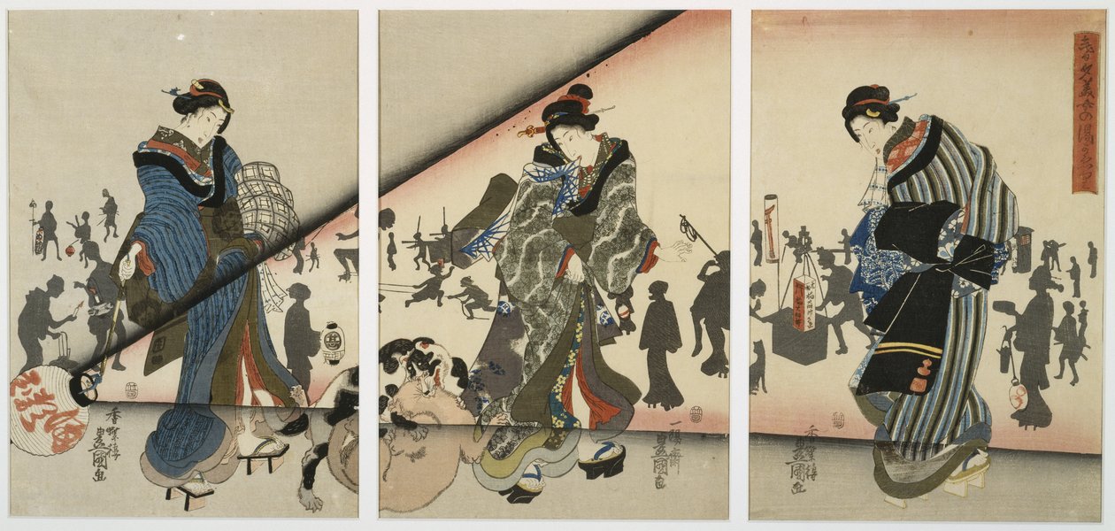 Noční scéna s dívkami, zvířaty a lucernami, polovina 19. století (dřevotisk, triptych) od Utagawa Kunisada