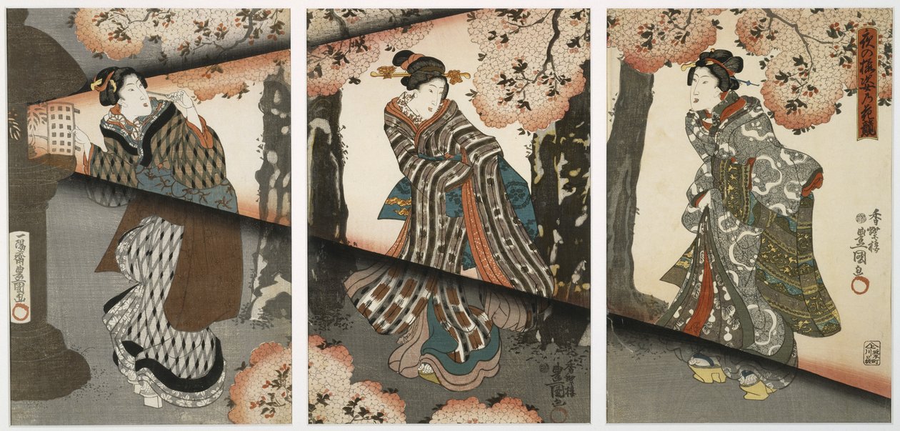Noční scéna s dívkami a lucernami, polovina 19. století (dřevotisk, triptych) od Utagawa Kunisada