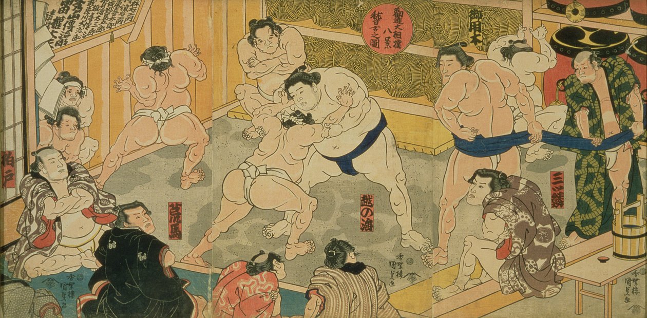 Jeden z osmi pohledů na Kanjin Sumo, hospoda. od Tsutaya, 19. století, (triptych, velikost oban, barevný dřevotisk) od Utagawa Kunisada