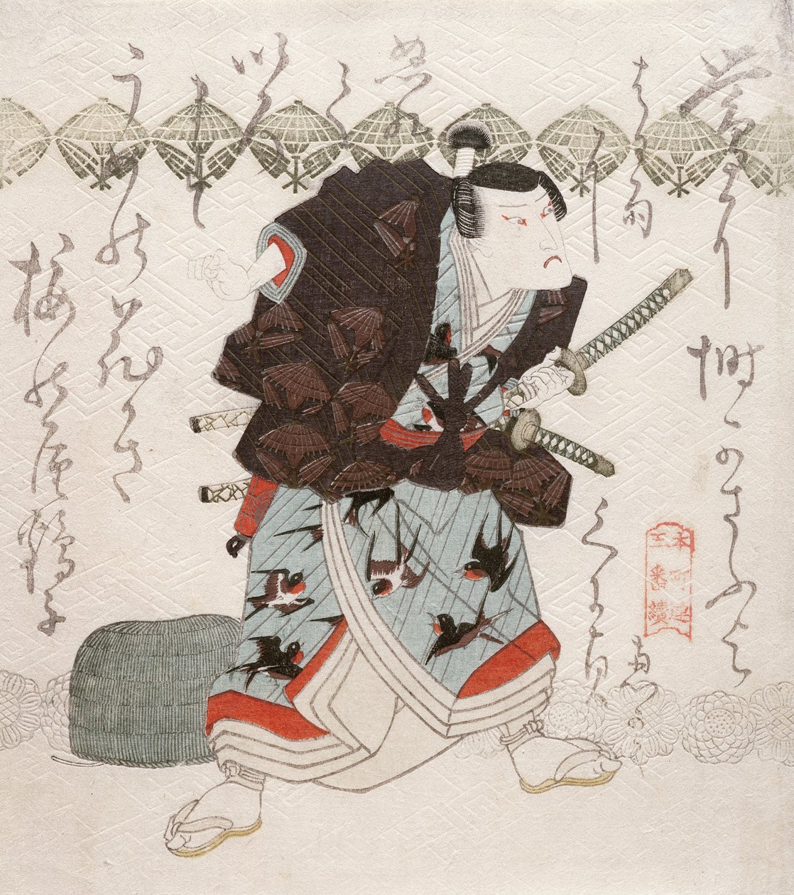 Onoe Kikugoro III jako Nagoya Sanza ve scéně Saya-ate (srážka pochev), kolem 1827-30 (barevný dřevotisk) od Utagawa Kunisada