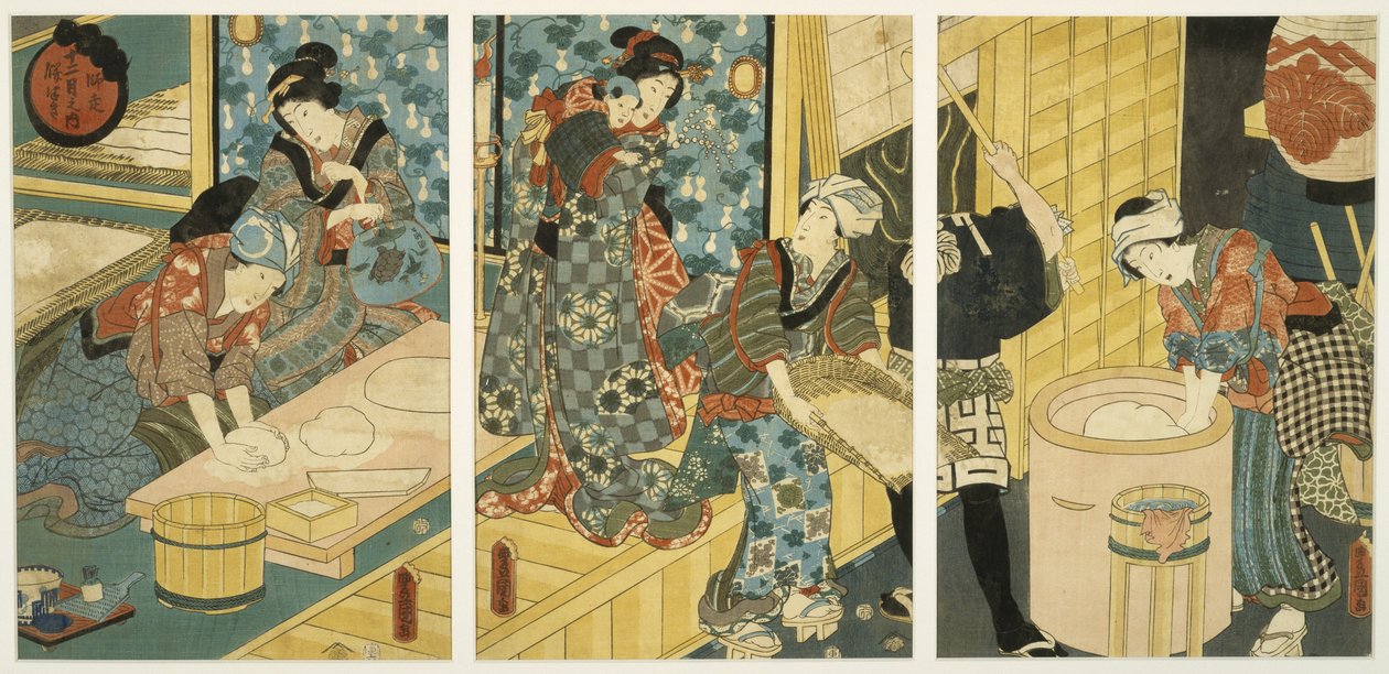Přípravy na Silvestr (Bušení Mochi), polovina 19. století (dřevotisk, triptych) od Utagawa Kunisada