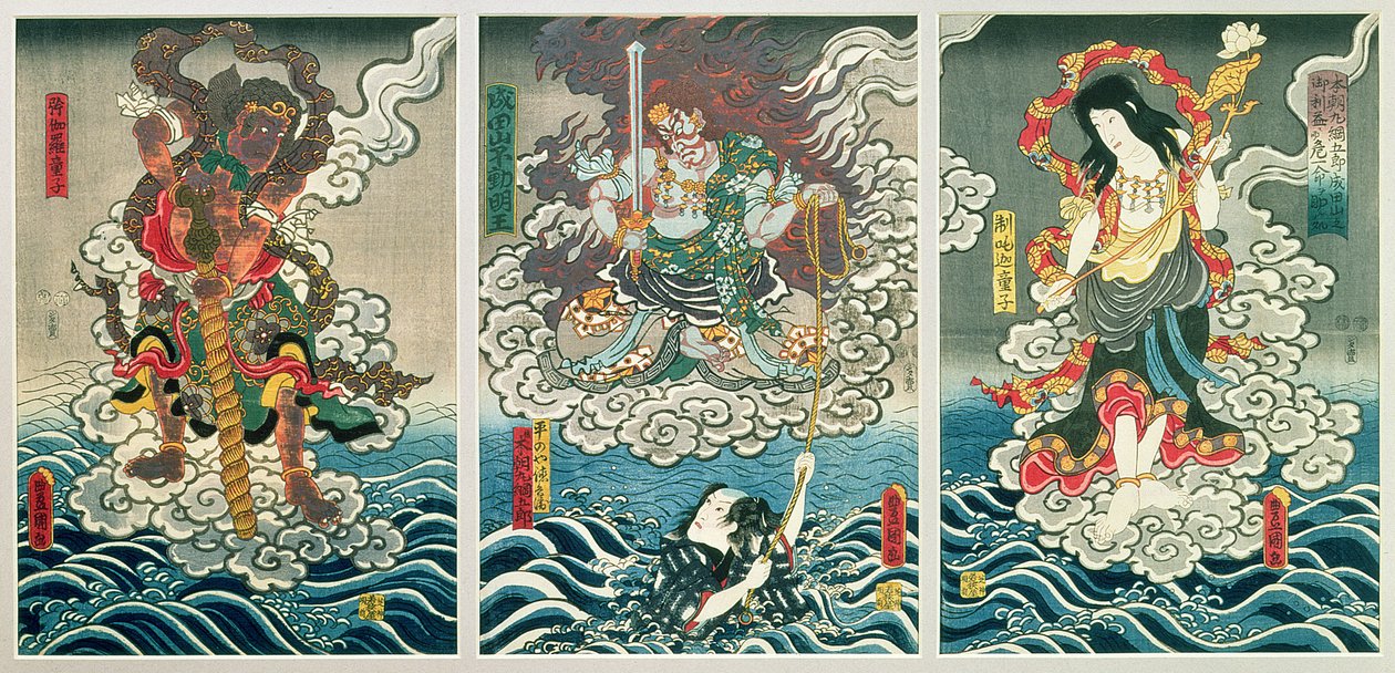 Herec Ichikawa Ebizo V jako božstvo Fudo Myoo zachraňující Ichikawa Danjuro VIII jako Honcho-maru TsunagoroHiranoya Tokubei v doprovodu dalších herců jako Seitaka-Doji a Kongara-Doji, kolem roku 1850 (colore) od Utagawa Kunisada