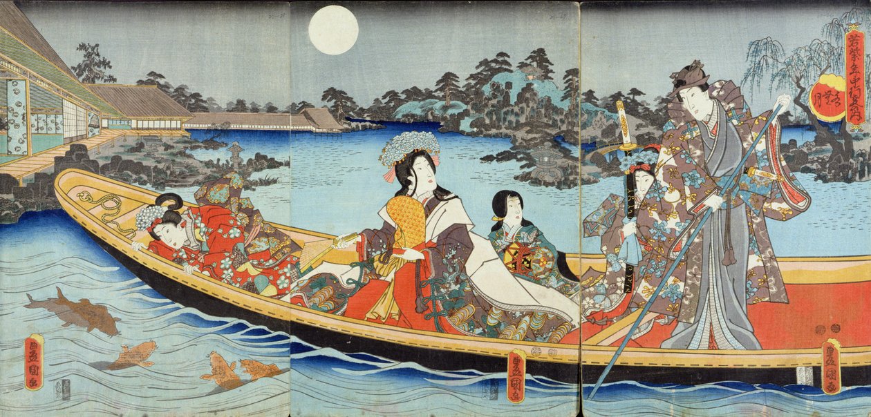 Triptych zobrazující prince, princeznu a dvorní dámy plavící se na zahradním jezírku za úplňku v červnu, pravděpodobně z „Příběhu Genjiho“, 1849-50 (barevný dřevotisk) od Utagawa Kunisada