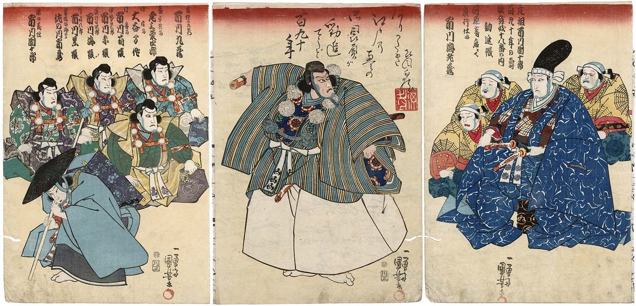  Herci ve filmu Kanjincho: Ichikawa Kuzo II jako Togashi no Saemon R, Ichikawa Ebizo V jako Musashibo Benkei C, Ichikawa Danjuro VIII jako Minamoto no Yoshitsune L od Utagawa Kuniyoshi