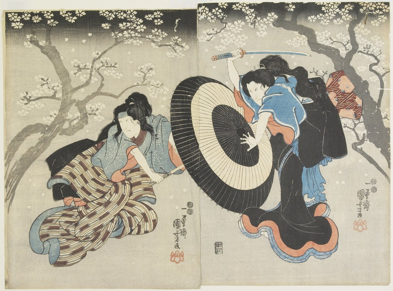 (Dvě ženy bojující pod třešní, scéna z hry Kabuki), 1847-1852 od Utagawa Kuniyoshi