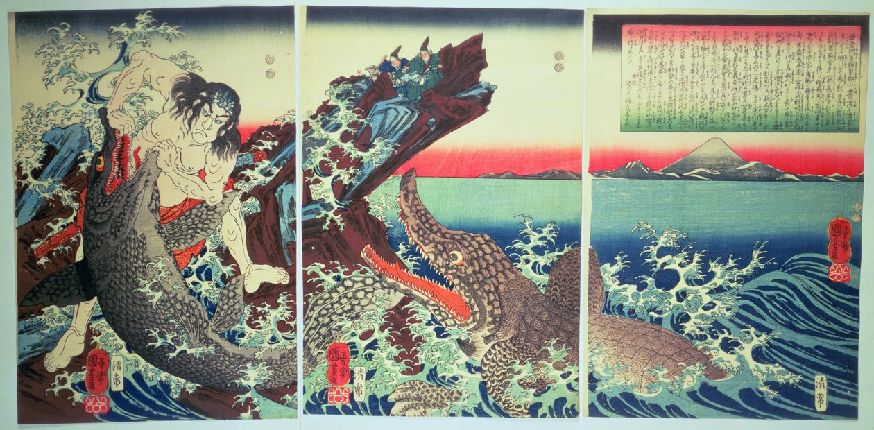 Asahina Saburo a krokodýli, hospoda. 1849 (barevný dřevořez) od Utagawa Kuniyoshi