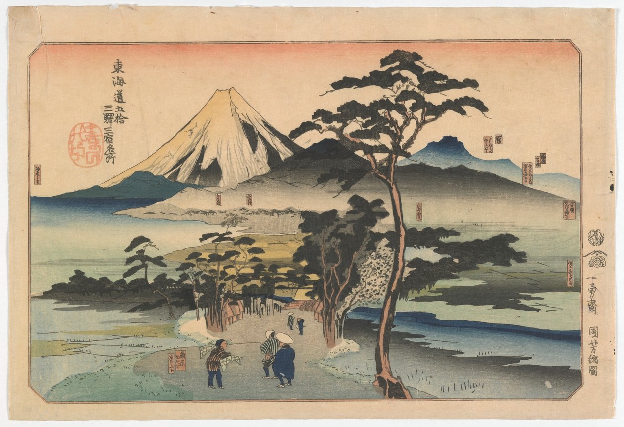 Slavná místa na třetí z padesáti tří stanic podél Tokaida, období Edo, konec 30. let 19. století (barevný dřevotisk) od Utagawa Kuniyoshi