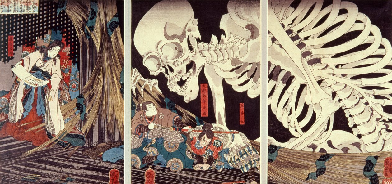Mitsukuni Defying the Skeleton Spectre, cca 1845 (ručně kolorovaný dřevoryt) od Utagawa Kuniyoshi
