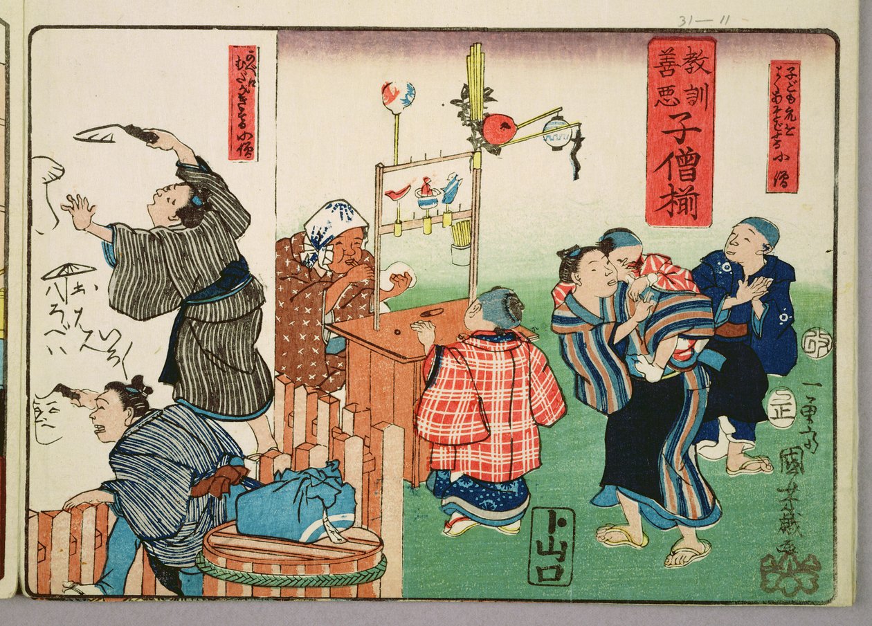 Mravní nauka pro prodavače, která uvádí dobré a špatné příklady chování, 1857 (barevný dřevoryt) od Utagawa Kuniyoshi