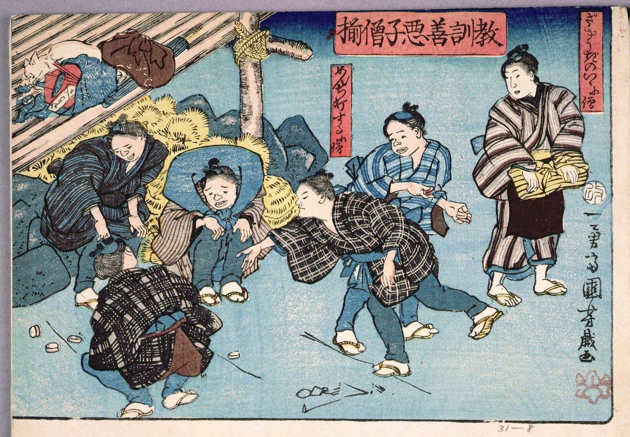Mravní nauka pro prodavače, která uvádí dobré a špatné příklady chování, 1857 (barevný dřevoryt) od Utagawa Kuniyoshi