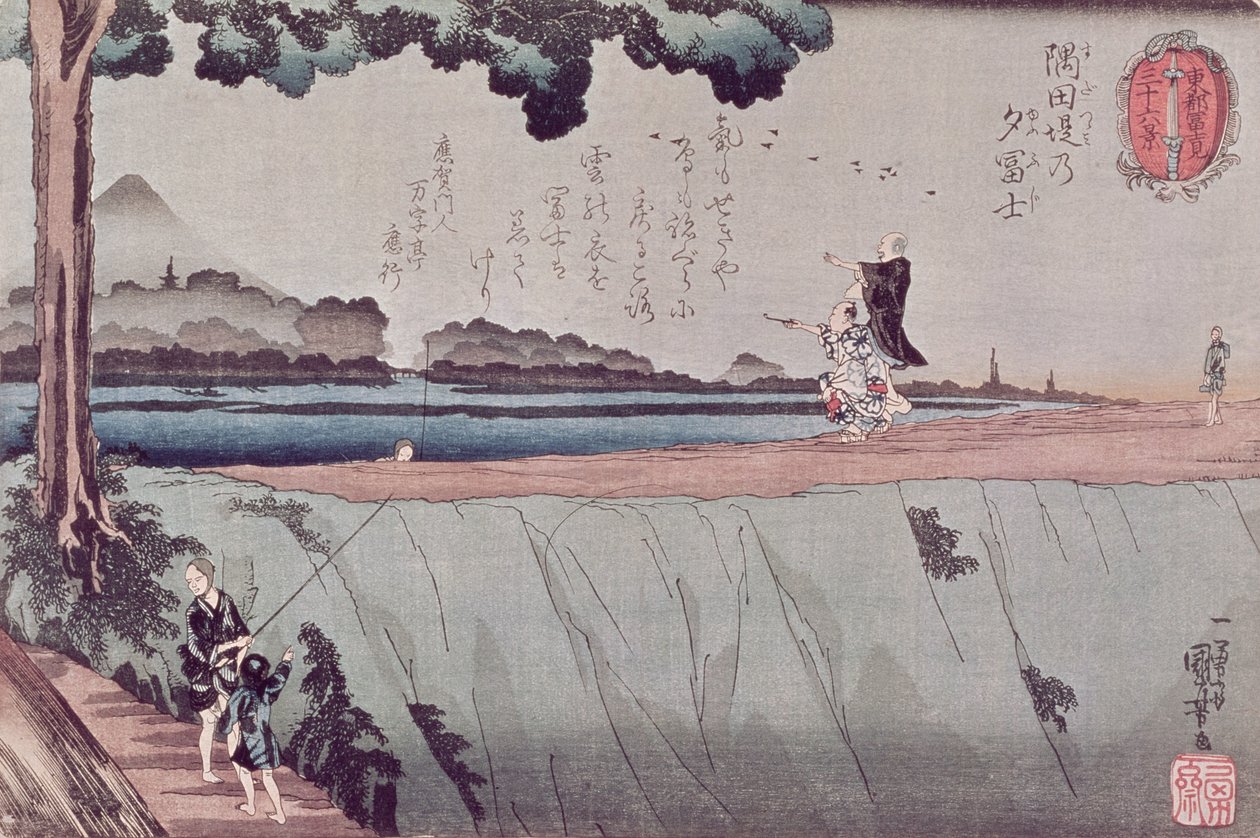 Mount Fuji z nábřeží řeky Sumida, jeden z pohledů z Edo, kolem roku 1842 od Utagawa Kuniyoshi
