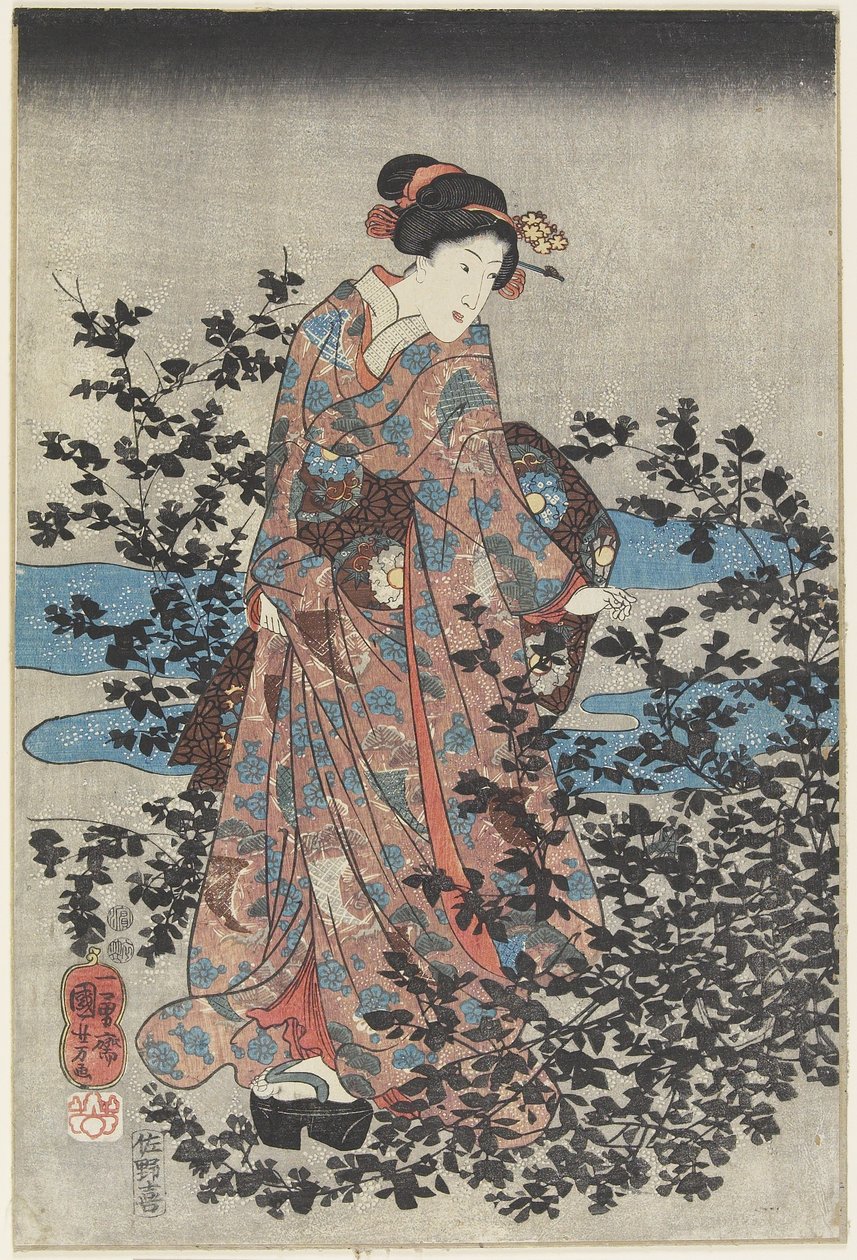 Noční scéna s krasavicí a jetelem, 1847-1852 od Utagawa Kuniyoshi