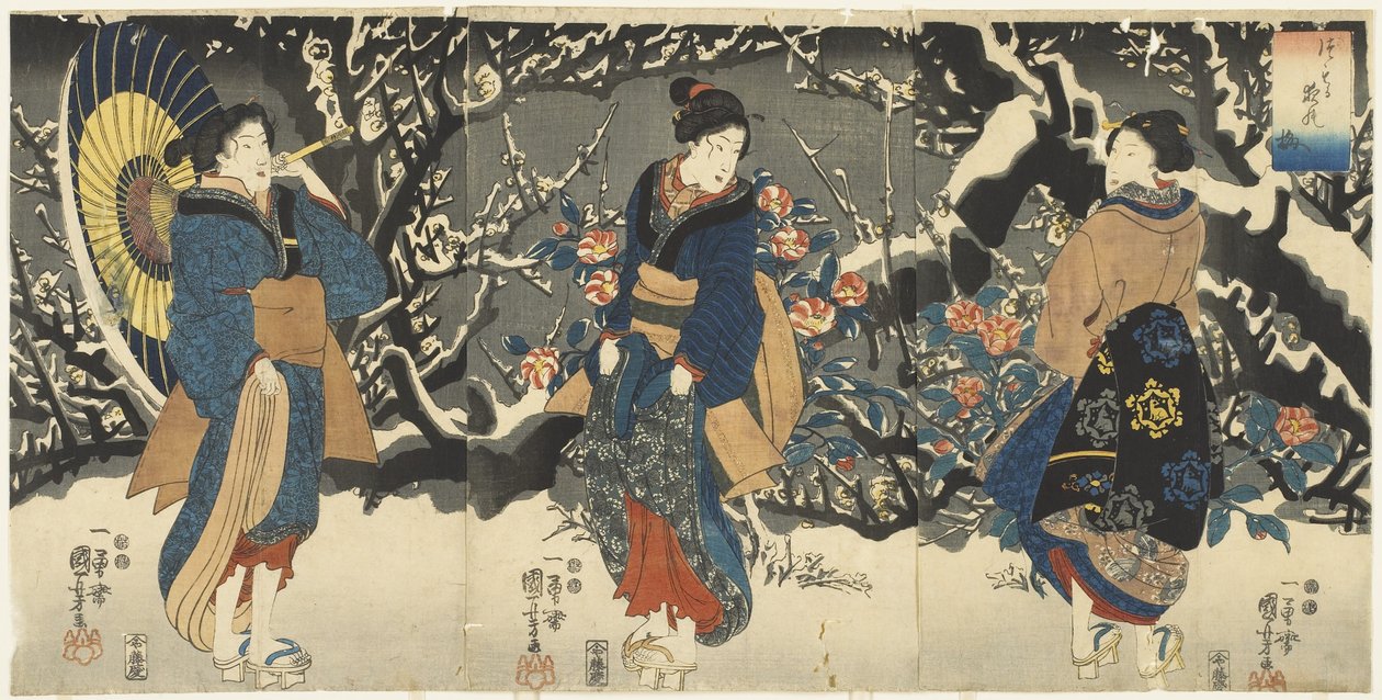 Švestkové květy ve večerním sněhu, 1847-1852 od Utagawa Kuniyoshi
