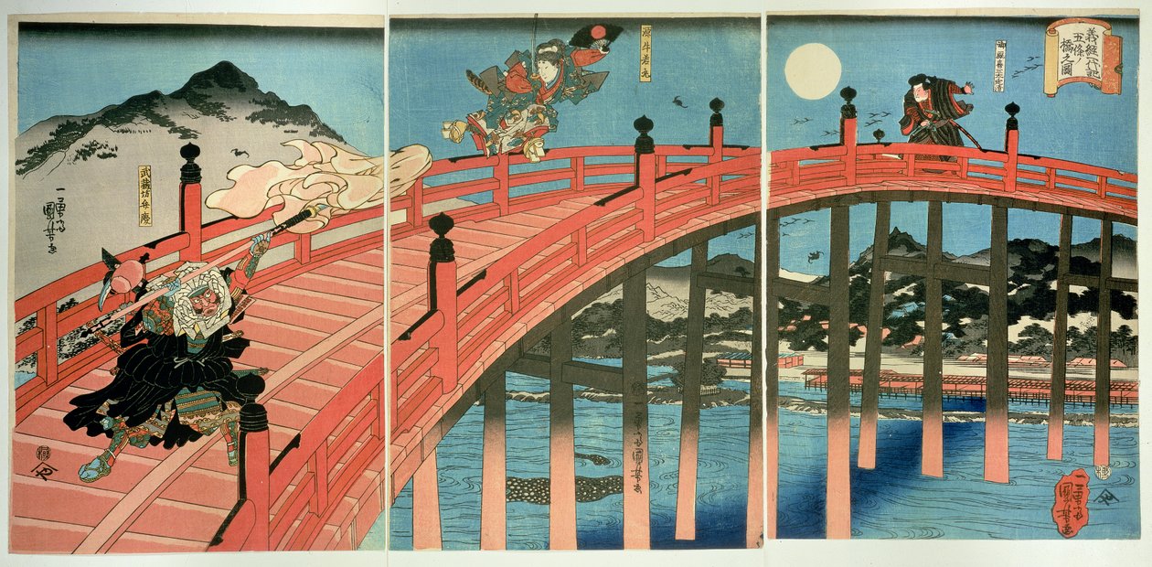 Ushiwaka a Benkei bojující na mostě Gojo, vydáno kolem roku 1839 (barevný dřevořez) od Utagawa Kuniyoshi